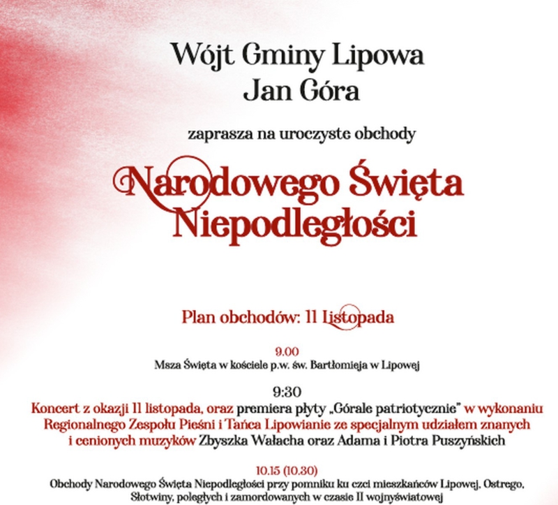Zaproszenie na obchody rocznicy Odzyskania Niepodległości przez Polskę.